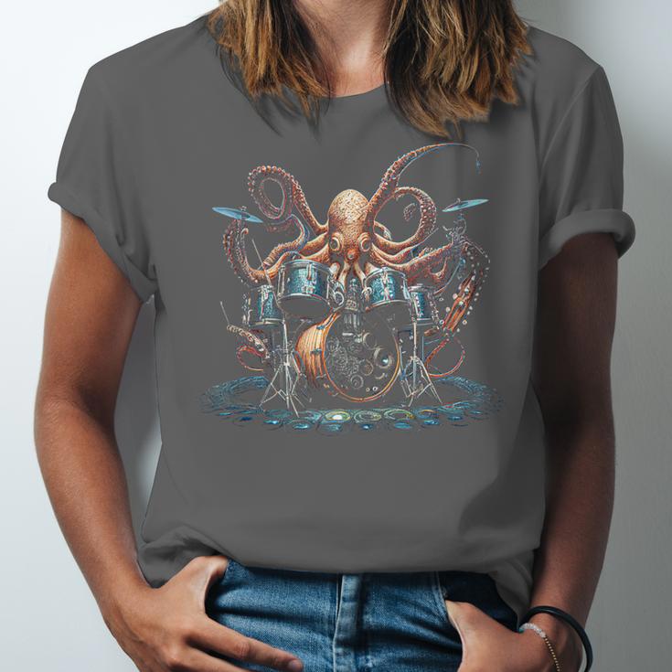 Drum Kit Percussionist Drummer Octopus Playing Drums Unisex Jersey T-Shirt Drum Kit Percussionist Drummer Octopus Playing Drums Unisex Jersey T-Shirt