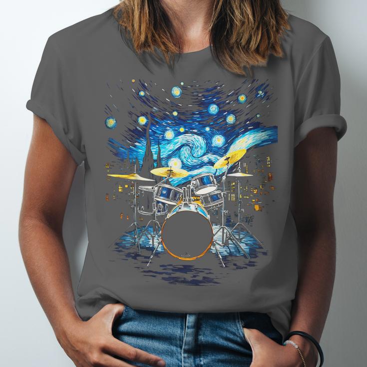 Drum Kit Percussionist Drummer Van Gogh Drums Unisex Jersey T-Shirt Drum Kit Percussionist Drummer Van Gogh Drums Unisex Jersey T-Shirt