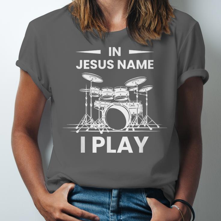 In Jesus Name I Play Drummer Drum Kit Unisex Jersey T-Shirt In Jesus Name I Play Drummer Drum Kit Unisex Jersey T-Shirt