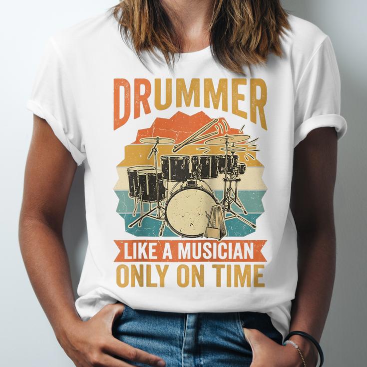Drummer Like a Musician Only On Time Vintage Sunset Drum Kit Raglan Baseball Tee Unisex Jersey T-Shirt