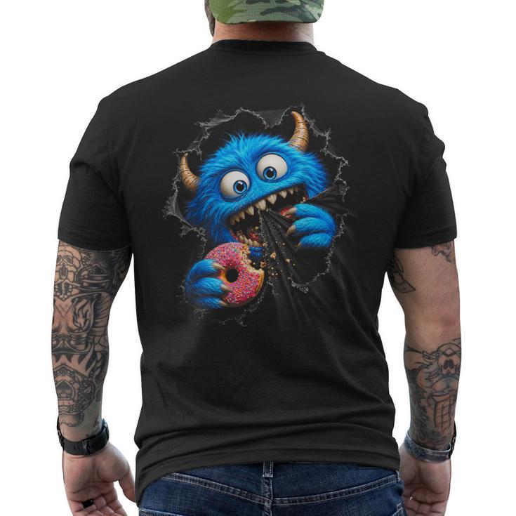 Monstruo Azul Peludo Con Donut Humor Goloso En Ilusión 3D Camiseta Hombre Estampado Espalda