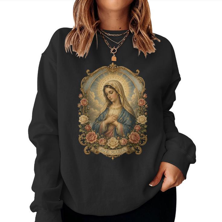 Ave Maria 聖母マリア 花柄 カトリック 祈りの肖像画 レディーススウェットシャツ