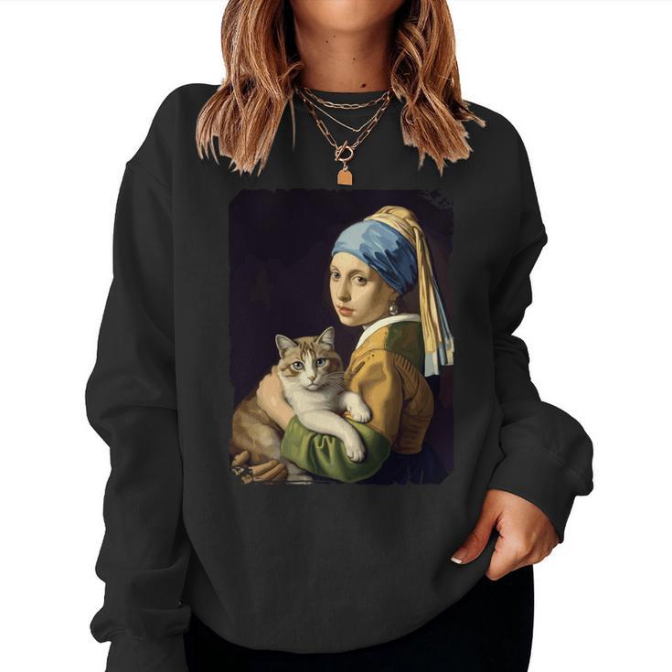 Girl With A Pearl Earring And A Cat 名画パロディ アート猫 長袖tシャツ レディーススウェットシャツ