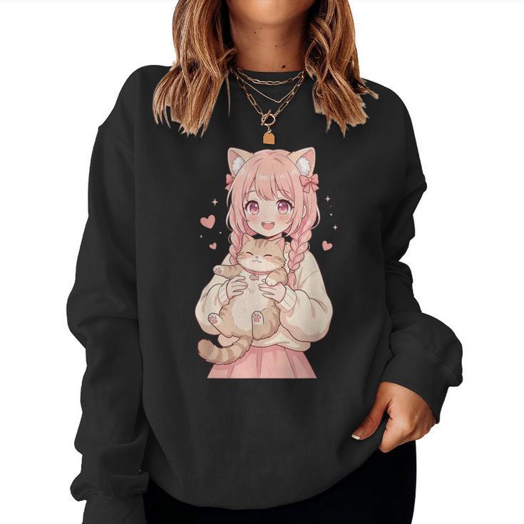 かわいい アニメ 女の子 抱っこ 猫 かわいい 漫画 猫好き オタク レディーススウェットシャツ