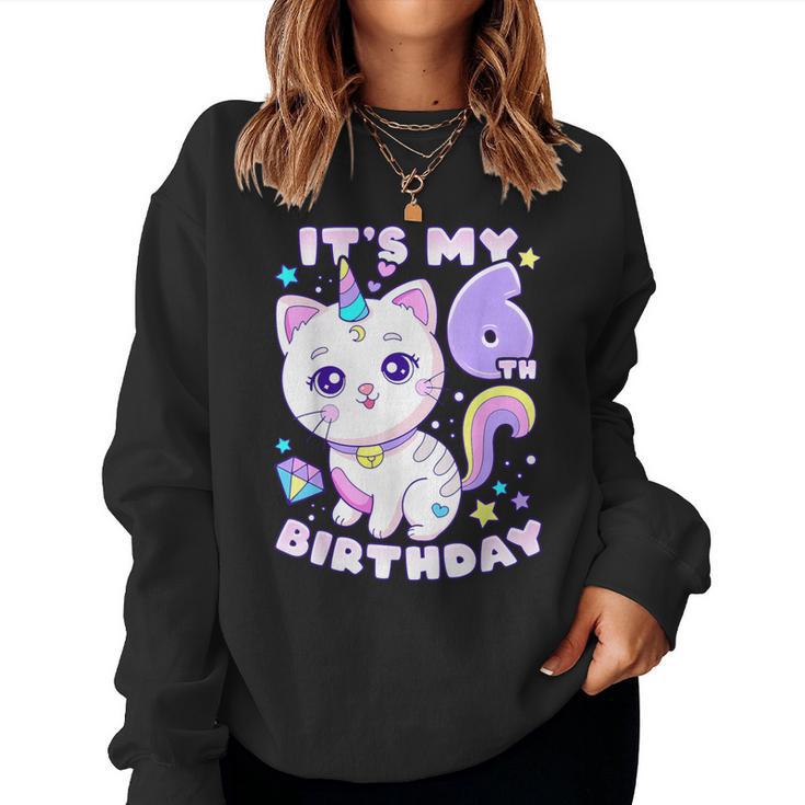 誕生日の女の子6歳、猫、ユニコーン、6歳の誕生日 レディーススウェットシャツ