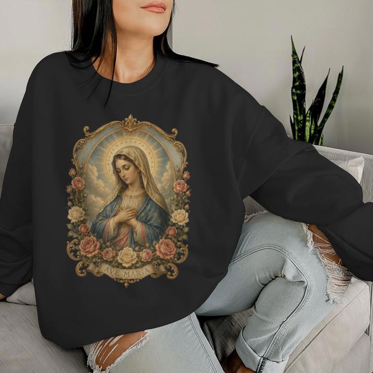 Ave Maria 聖母マリア 花柄 カトリック 祈りの肖像画 レディーススウェットシャツ 彼女への贈り物