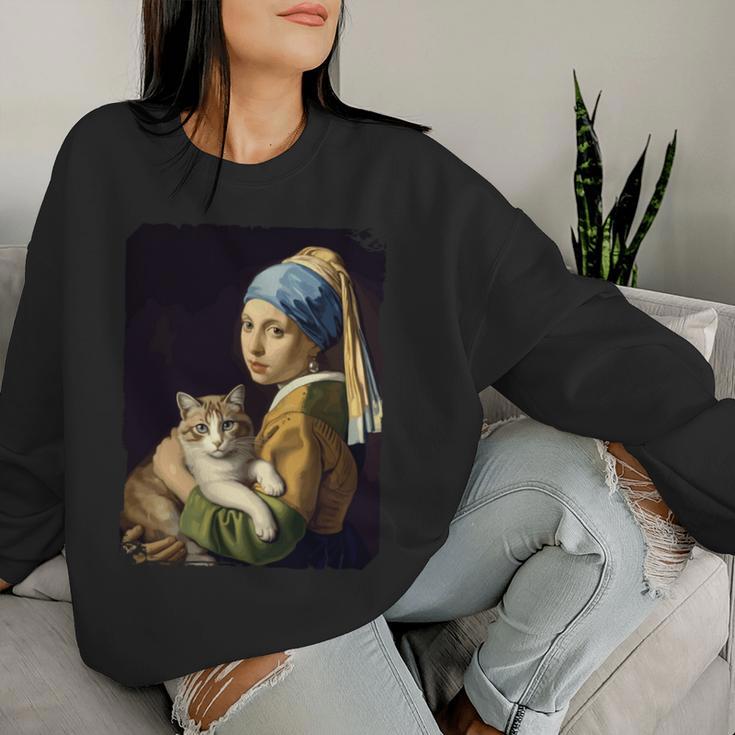 Girl With A Pearl Earring And A Cat 名画パロディ アート猫 長袖tシャツ レディーススウェットシャツ 彼女への贈り物