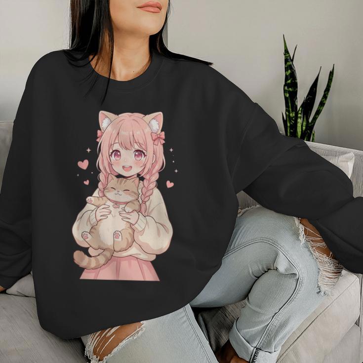 かわいい アニメ 女の子 抱っこ 猫 かわいい 漫画 猫好き オタク レディーススウェットシャツ 彼女への贈り物