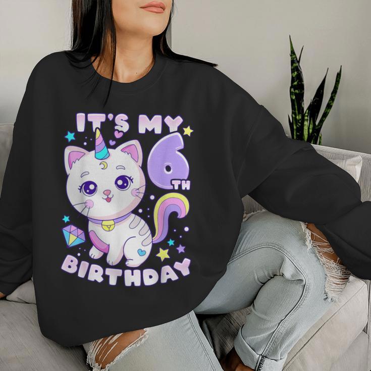 誕生日の女の子6歳、猫、ユニコーン、6歳の誕生日 レディーススウェットシャツ 彼女への贈り物