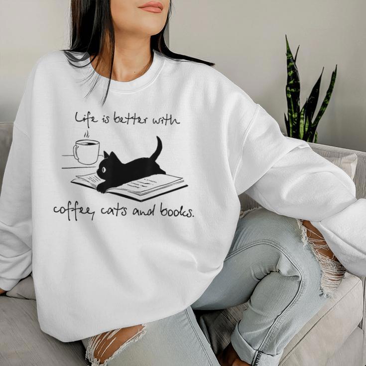 Life Is Better With Books Cats And Coffee レディーススウェットシャツ 彼女への贈り物