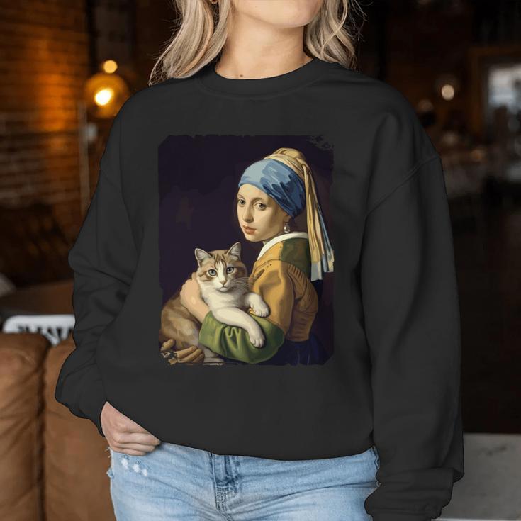 Girl With A Pearl Earring And A Cat 名画パロディ アート猫 長袖tシャツ レディーススウェットシャツ 面白い贈り物
