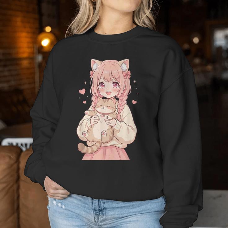 かわいい アニメ 女の子 抱っこ 猫 かわいい 漫画 猫好き オタク レディーススウェットシャツ 面白い贈り物