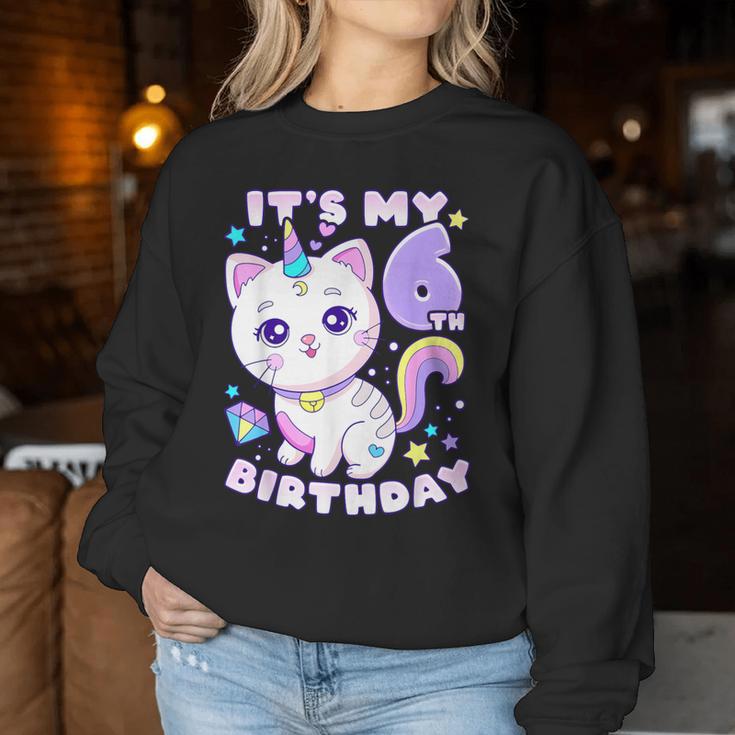 誕生日の女の子6歳、猫、ユニコーン、6歳の誕生日 レディーススウェットシャツ 面白い贈り物