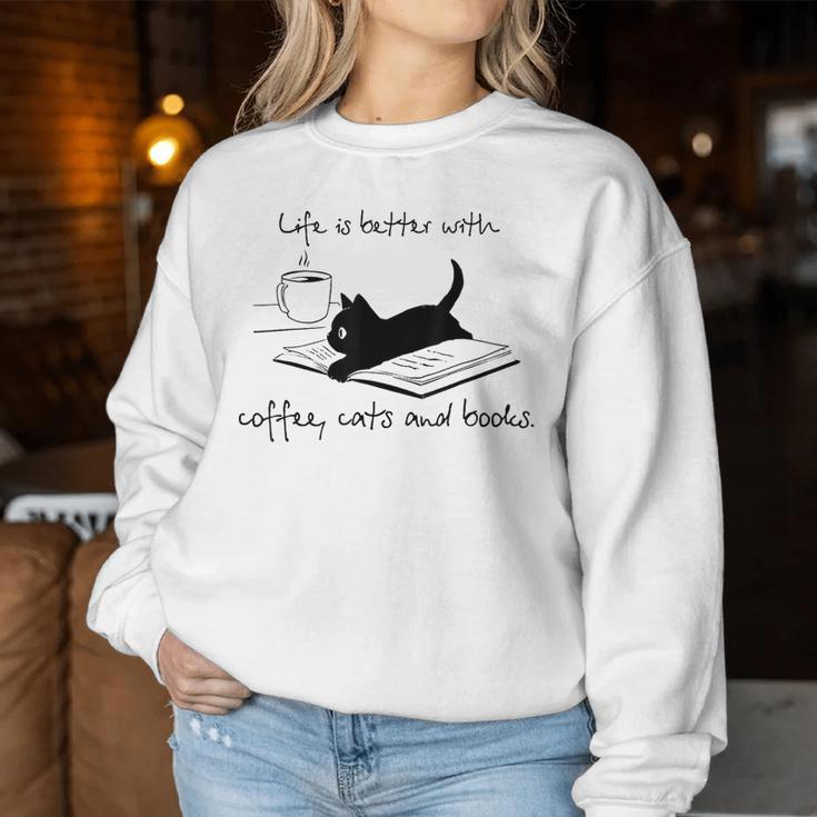 Life Is Better With Books Cats And Coffee レディーススウェットシャツ 面白い贈り物