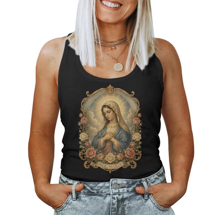 Ave Maria 聖母マリア 花柄 カトリック 祈りの肖像画 レディースタンクトップ
