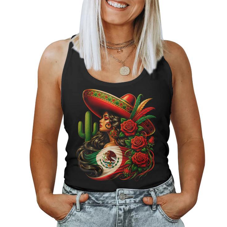 Viva Mexico Mexican Flag Floral Woman Sombrero Fiesta Women Tank Top