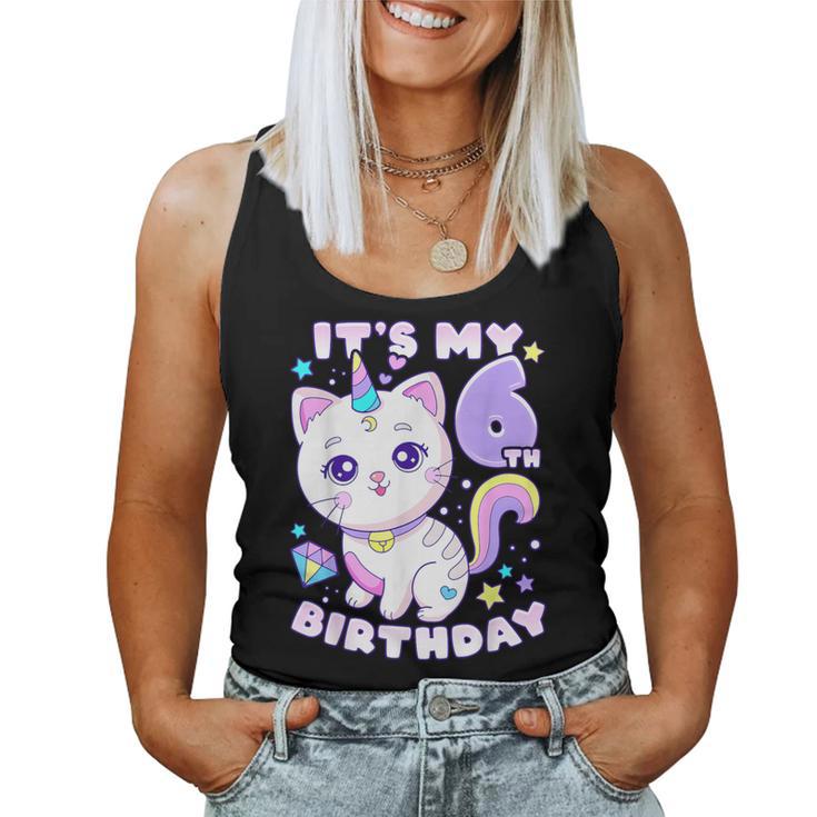 誕生日の女の子6歳、猫、ユニコーン、6歳の誕生日 レディースタンクトップ