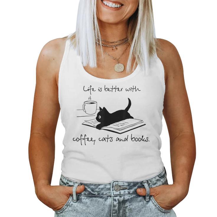 Life Is Better With Books Cats And Coffee レディースタンクトップ