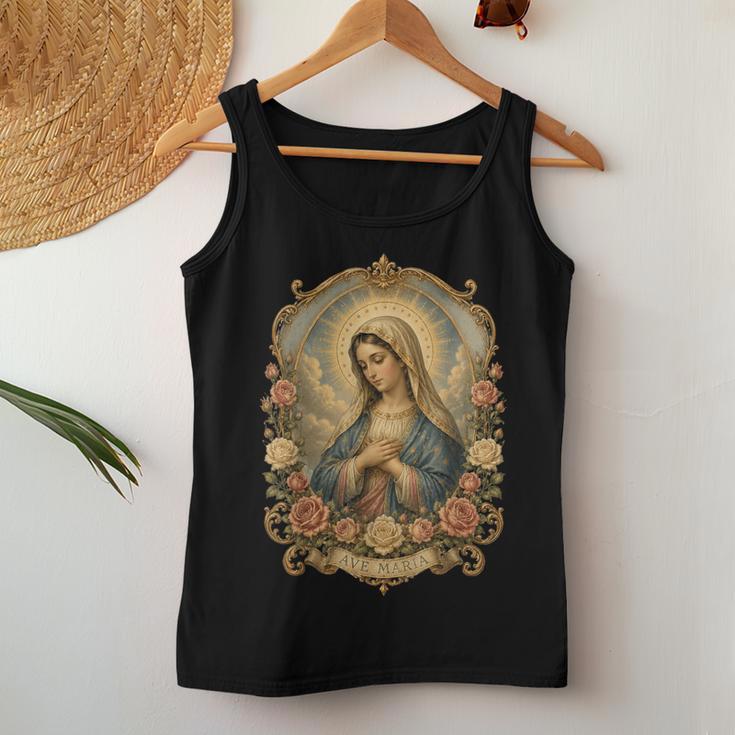 Ave Maria 聖母マリア 花柄 カトリック 祈りの肖像画 レディースタンクトップ 面白い贈り物