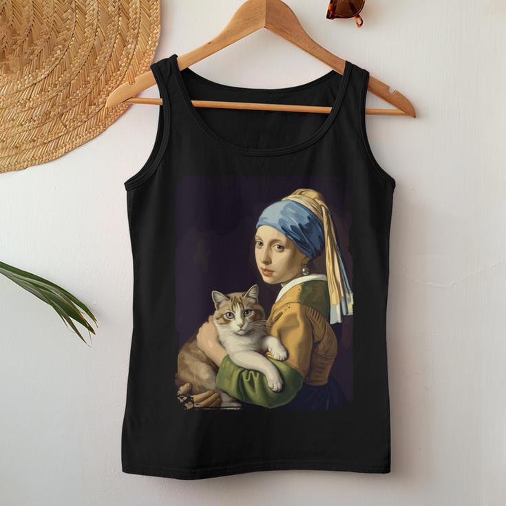 Girl With A Pearl Earring And A Cat 名画パロディ アート猫 長袖tシャツ レディースタンクトップ 面白い贈り物