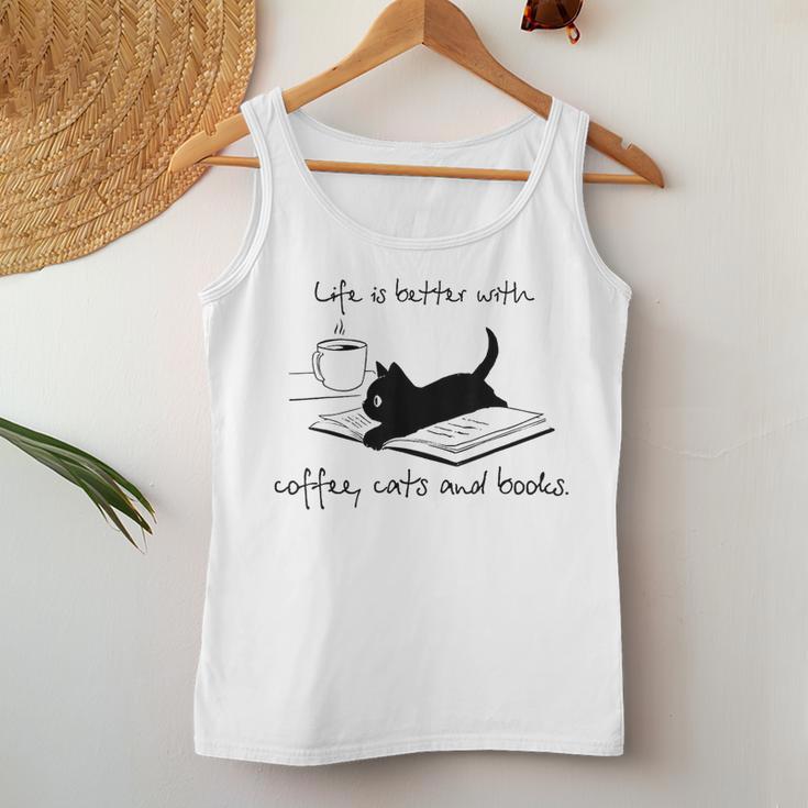 Life Is Better With Books Cats And Coffee レディースタンクトップ 面白い贈り物