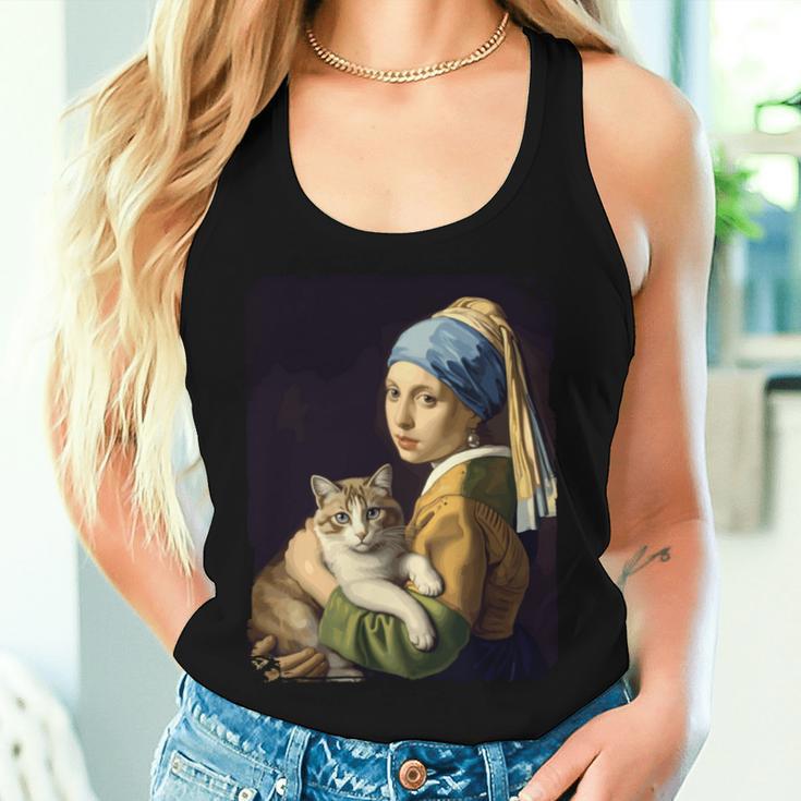 Girl With A Pearl Earring And A Cat 名画パロディ アート猫 長袖tシャツ レディースタンクトップ 彼女への贈り物