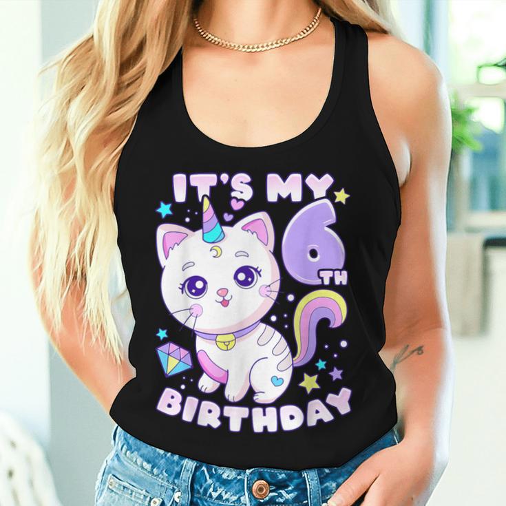 誕生日の女の子6歳、猫、ユニコーン、6歳の誕生日 レディースタンクトップ 彼女への贈り物