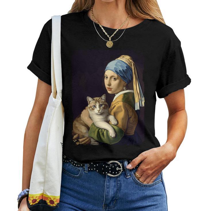 Girl With A Pearl Earring And A Cat 名画パロディ アート猫 長袖tシャツ レディースTシャツ