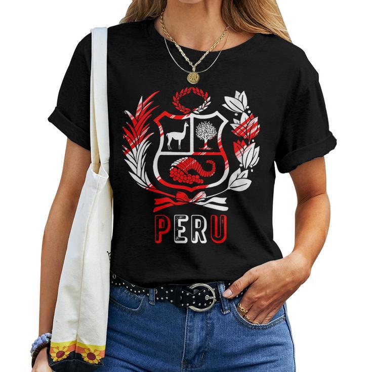 Perú Rojo-Blanco Escudo Peruano Hombres Es Niños Cuello Camiseta de mujer