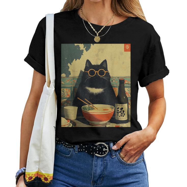 Vintage Giapponese Gatto Ramen Gatto Papà Retrò Divertente Grafica Donne Maglietta da donna