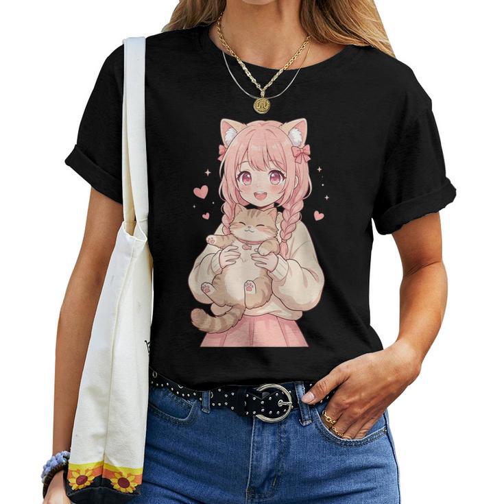 かわいい アニメ 女の子 抱っこ 猫 かわいい 漫画 猫好き オタク レディースTシャツ