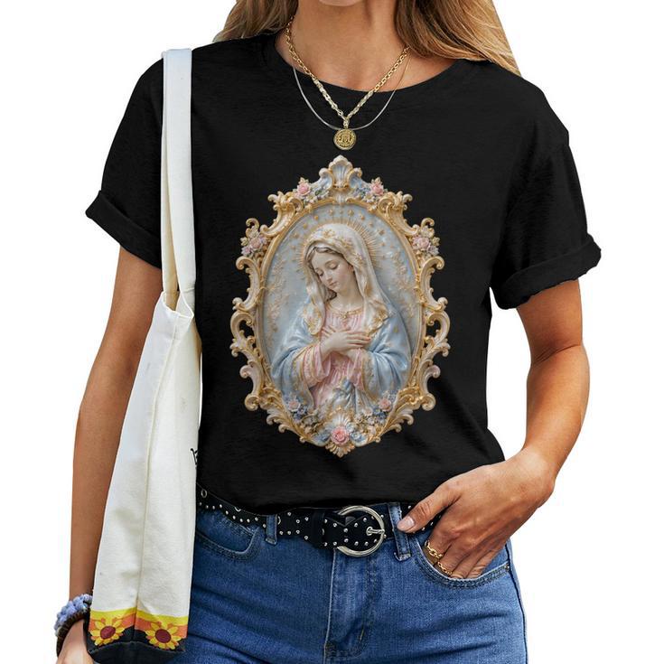 聖母マリア カトリック 祈り 花柄 神聖なアイコン 肖像画 レディースTシャツ