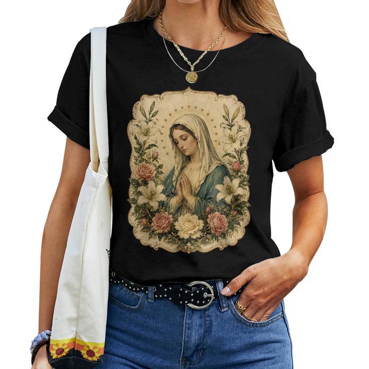 聖母マリアの祈り 花 カトリック 祈り 神聖な芸術 レディースTシャツ