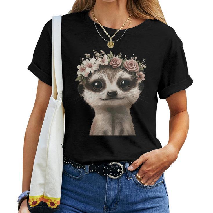 花柄クラウン付きのかわいいミーアキャット レディースTシャツ