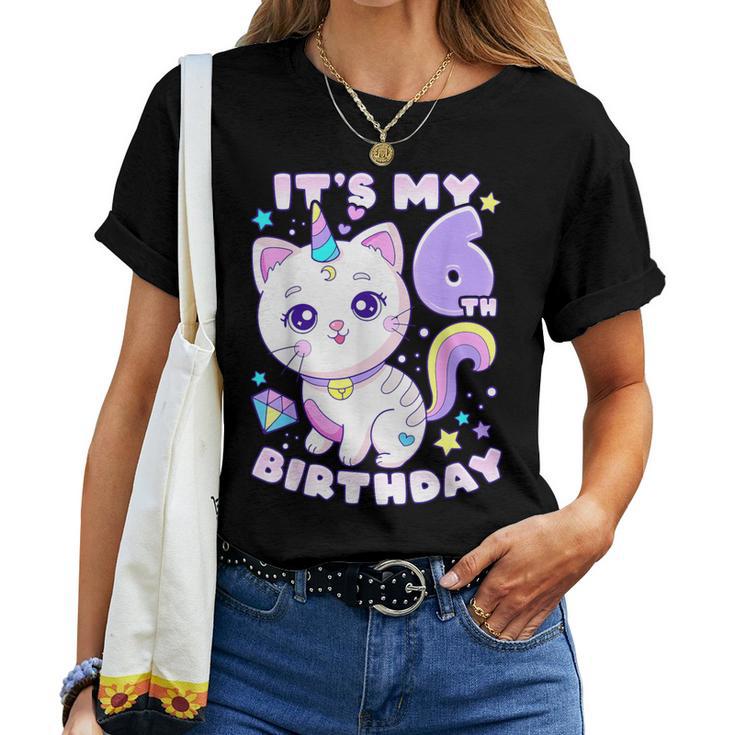 誕生日の女の子6歳、猫、ユニコーン、6歳の誕生日 レディースTシャツ