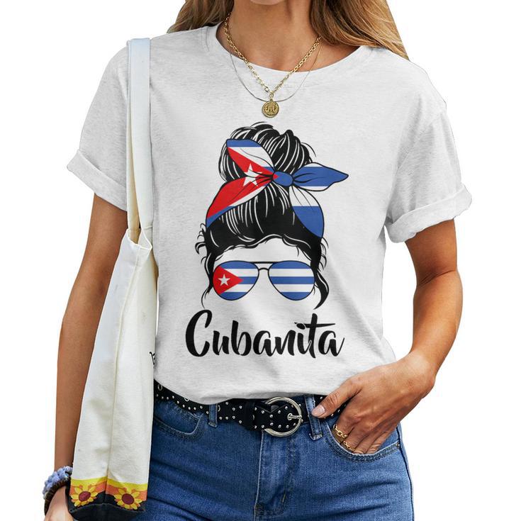 Cubanita Moño Desordenado Cubanita Cubanita Bandera Cubana Cabello Desordenado Moño In Mangas Camiseta de mujer