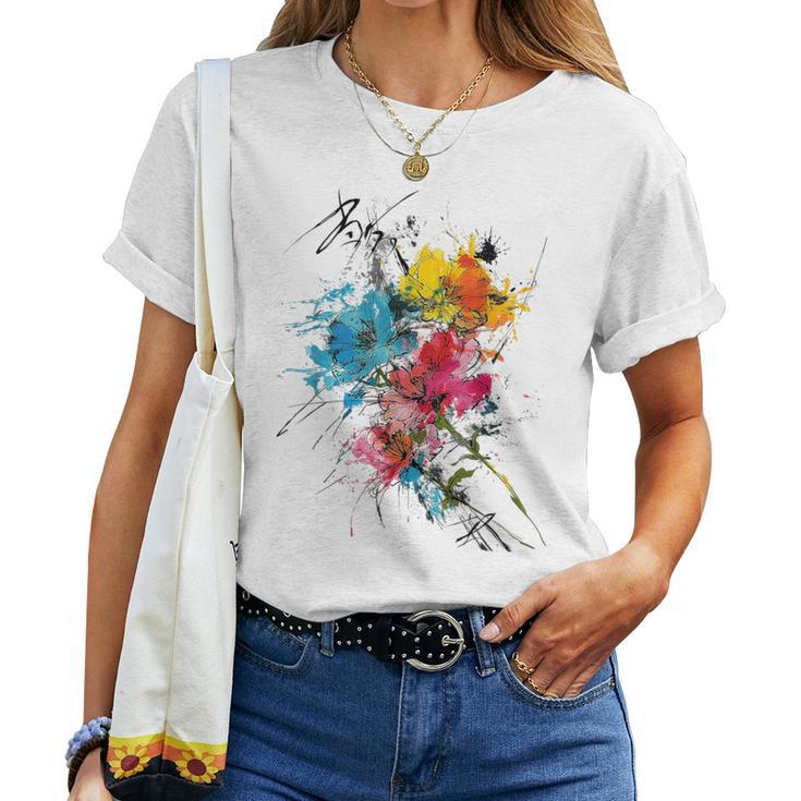 花 カラフル アート 描画 抽象 グラフィック 花 レディースTシャツ