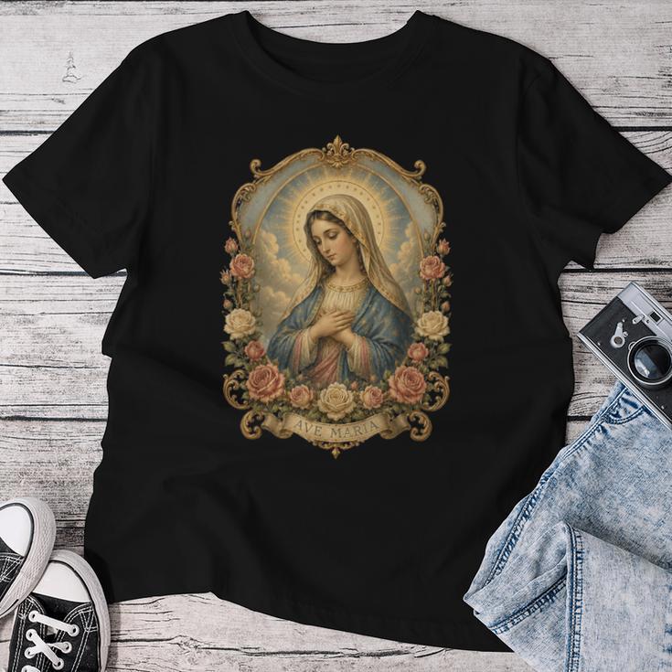 Ave Maria 聖母マリア 花柄 カトリック 祈りの肖像画 レディースTシャツ 面白い贈り物