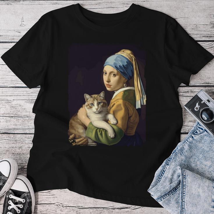 Girl With A Pearl Earring And A Cat 名画パロディ アート猫 長袖tシャツ レディースTシャツ 面白い贈り物