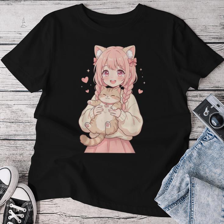 かわいい アニメ 女の子 抱っこ 猫 かわいい 漫画 猫好き オタク レディースTシャツ 面白い贈り物