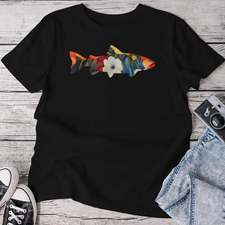 トラウト 魚 シルエット 花 ボタニカル フローラル レディースTシャツ 面白い贈り物