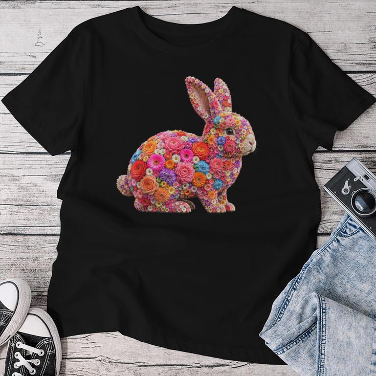 夏に可愛い花うさぎ 花柄 うさぎ レディースTシャツ 面白い贈り物