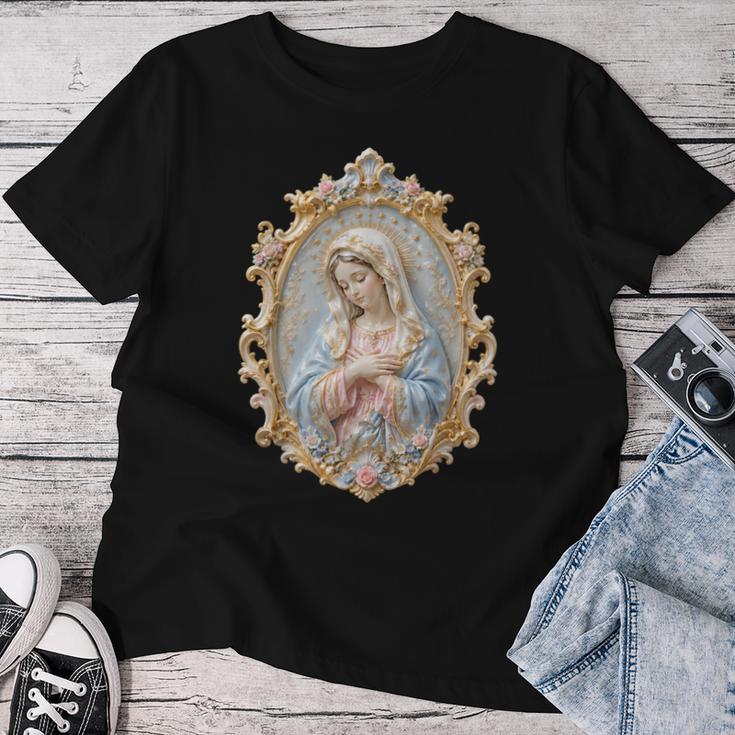 聖母マリア カトリック 祈り 花柄 神聖なアイコン 肖像画 レディースTシャツ 面白い贈り物