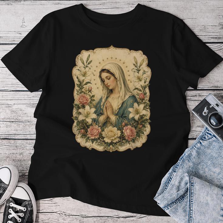 聖母マリアの祈り 花 カトリック 祈り 神聖な芸術 レディースTシャツ 面白い贈り物