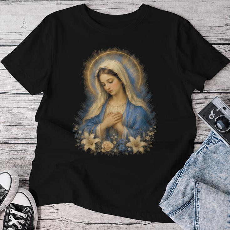 聖母マリアの祈りの肖像画 神聖な花の祈りのアート レディースTシャツ 面白い贈り物
