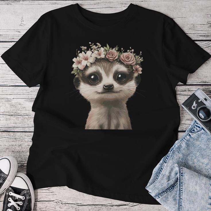 花柄クラウン付きのかわいいミーアキャット レディースTシャツ 面白い贈り物