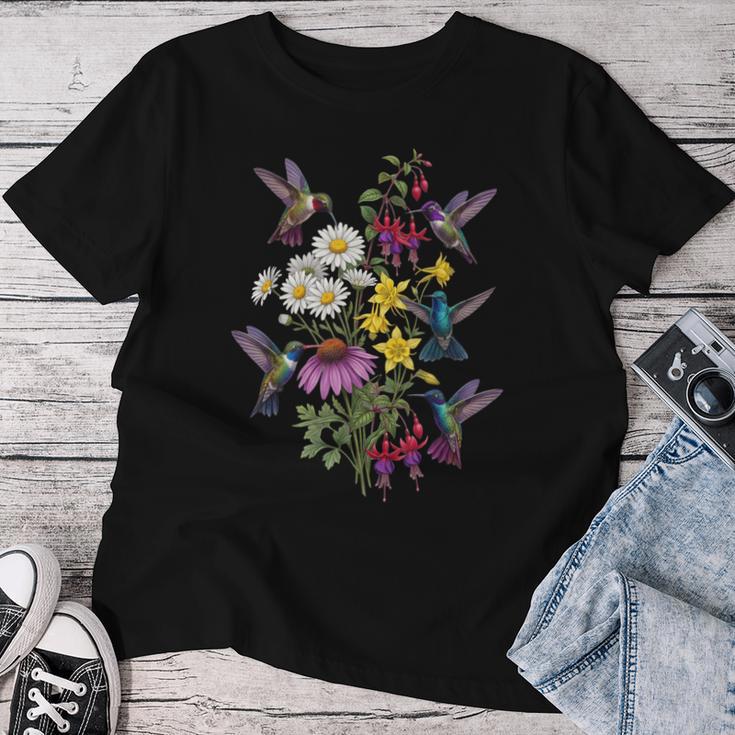詳細なハチドリと野花ボタニカル。 レディースTシャツ 面白い贈り物