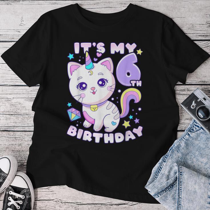 誕生日の女の子6歳、猫、ユニコーン、6歳の誕生日 レディースTシャツ 面白い贈り物