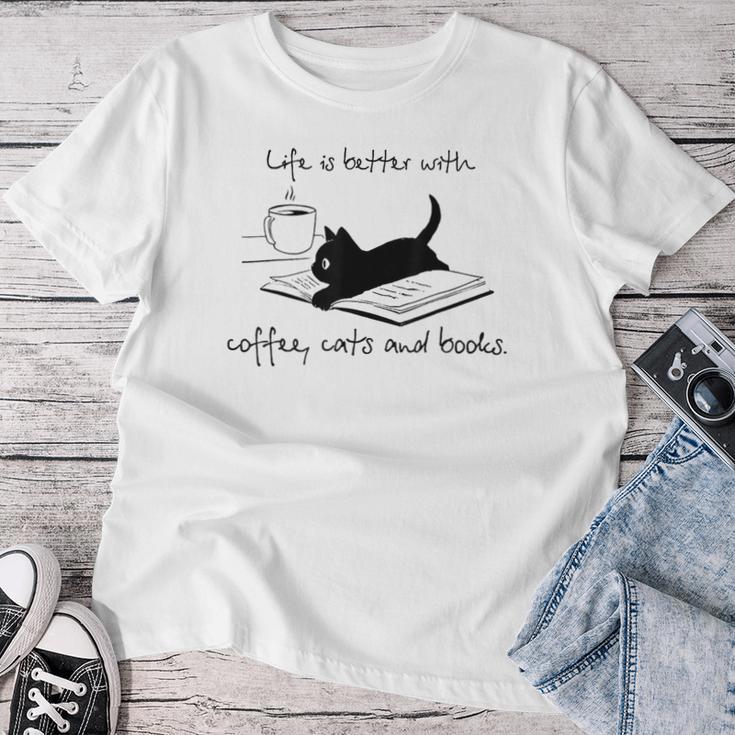 Life Is Better With Books Cats And Coffee レディースTシャツ 面白い贈り物