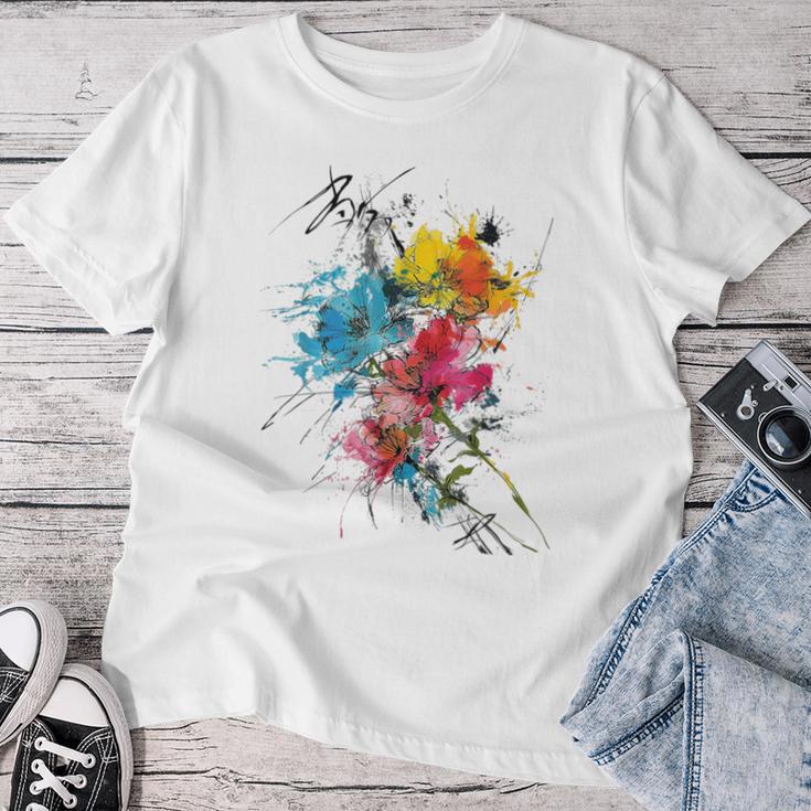 花 カラフル アート 描画 抽象 グラフィック 花 レディースTシャツ 面白い贈り物